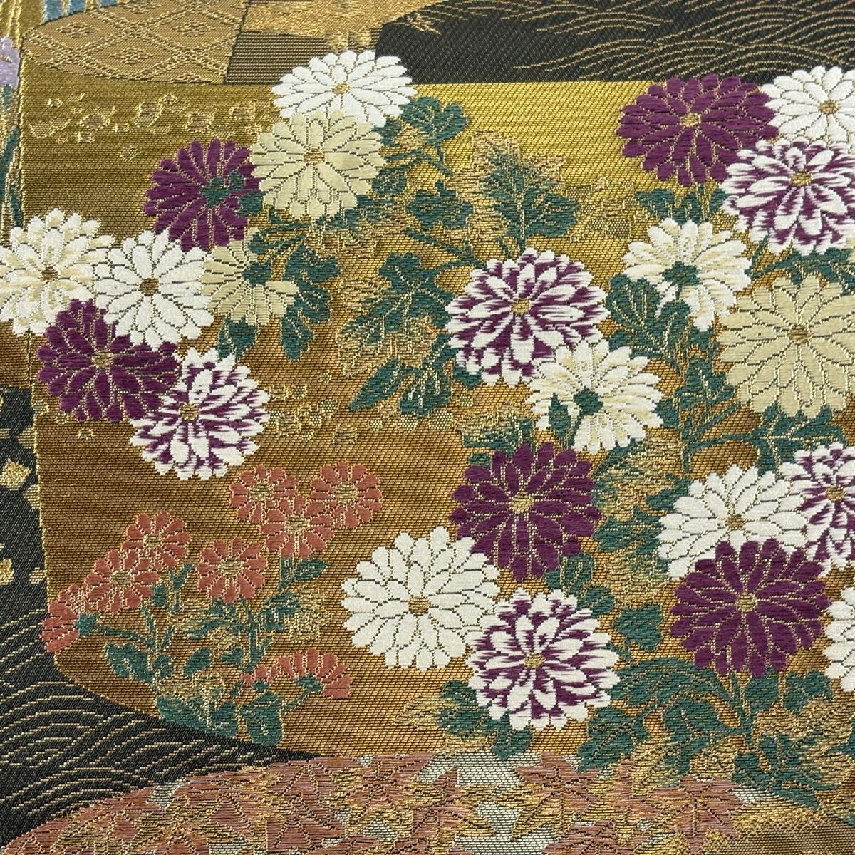 【美品】 袋帶 名品級 落款あり 古代帝王紫 菊花 仙鶴 金絲 金金箔 金色 大鼓圖案 純蠶絲