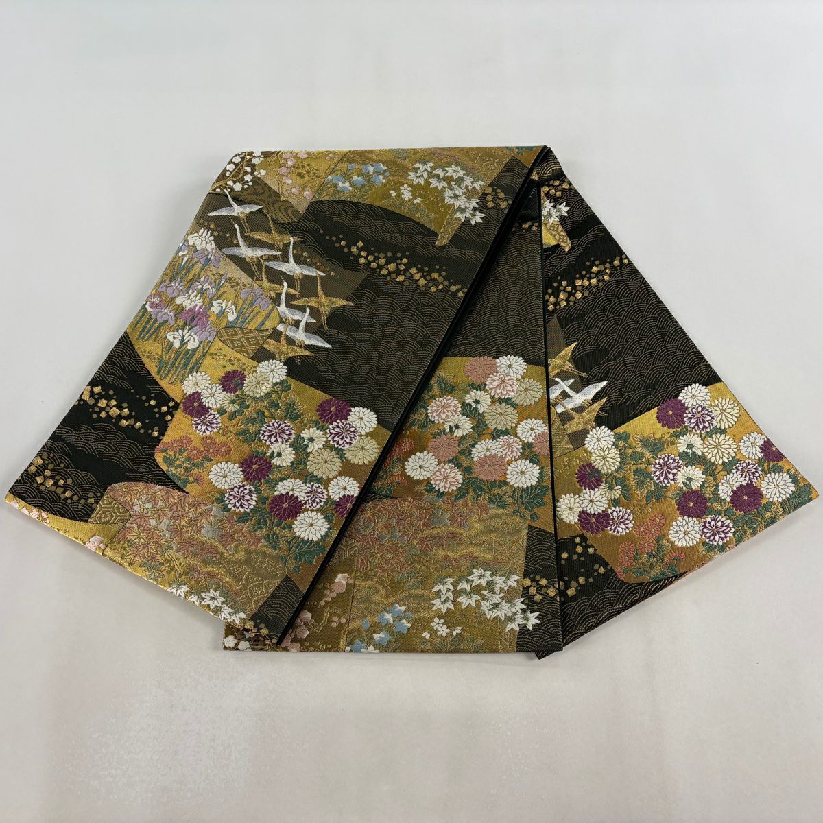 【美品】 袋帶 名品級 落款あり 古代帝王紫 菊花 仙鶴 金絲 金金箔 金色 大鼓圖案 純蠶絲