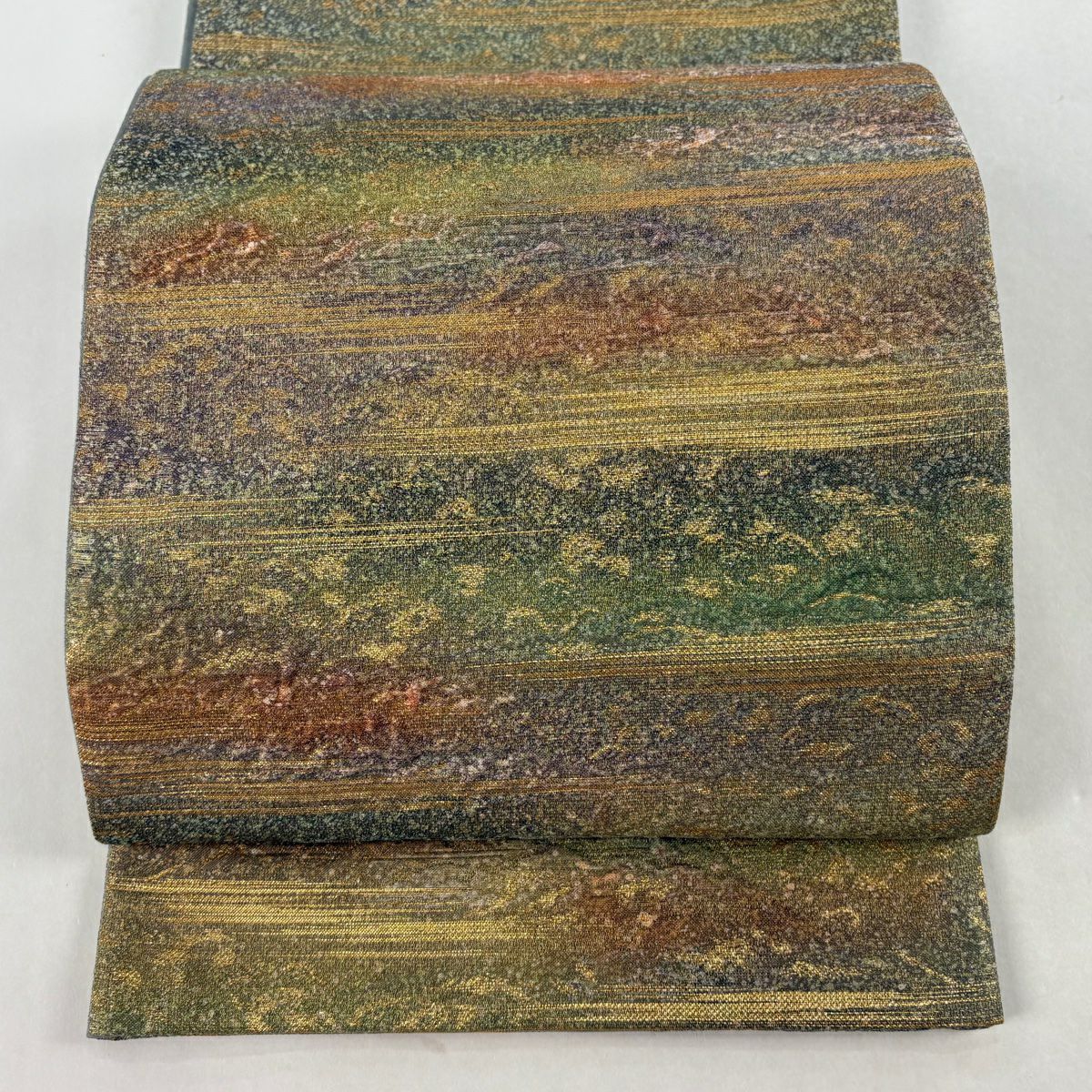 【美品】 袋帶 名品級 落款あり 霞 金絲 金金箔 淺綠 大鼓圖案 純蠶絲