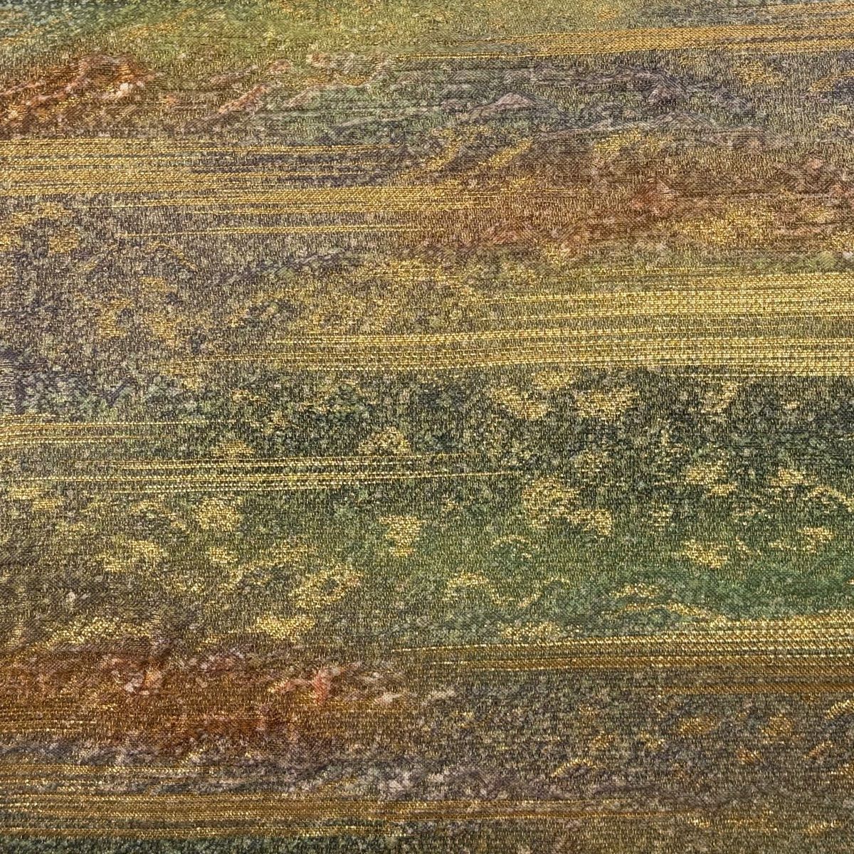 【美品】 袋帶 名品級 落款あり 霞 金絲 金金箔 淺綠 大鼓圖案 純蠶絲