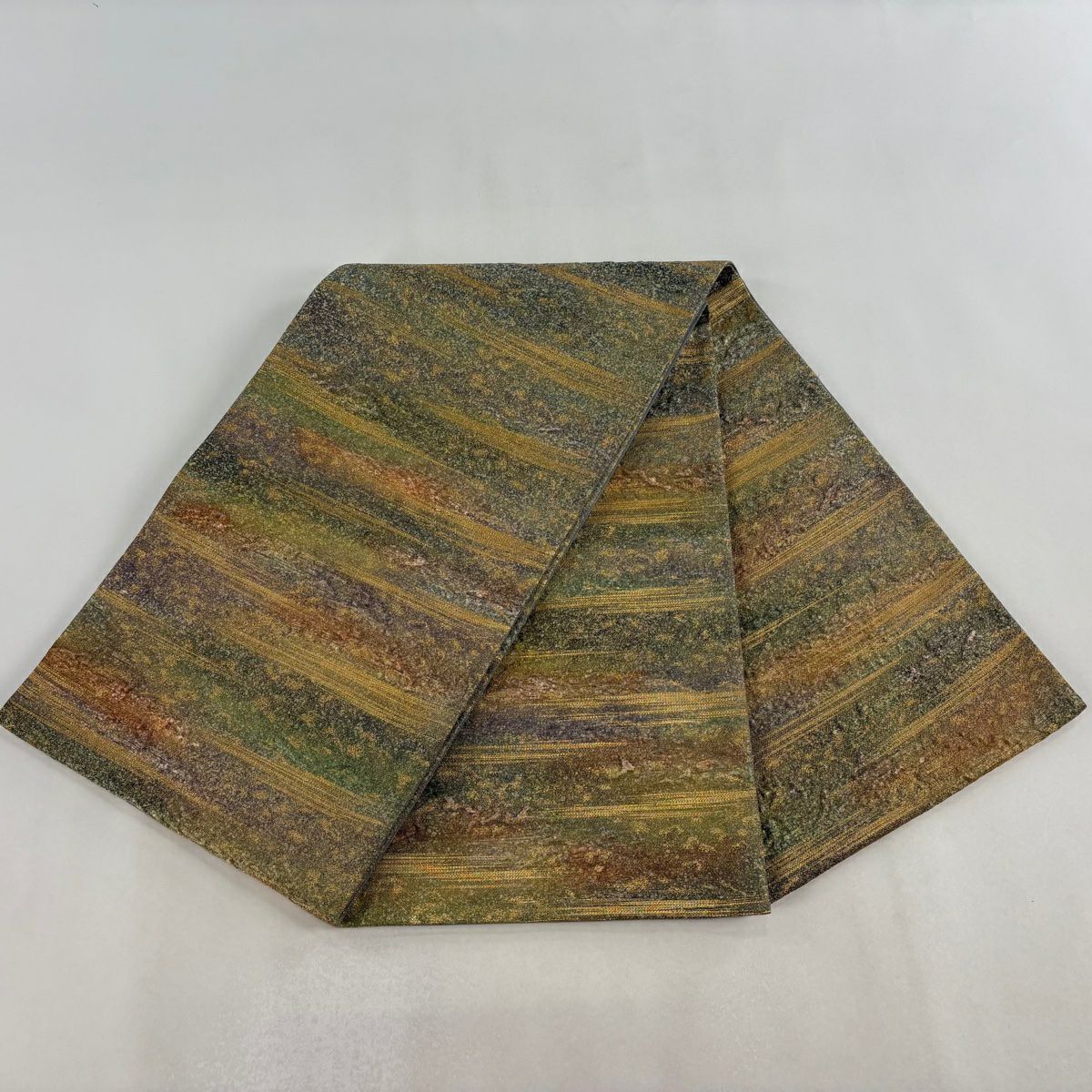 【美品】 袋帶 名品級 落款あり 霞 金絲 金金箔 淺綠 大鼓圖案 純蠶絲