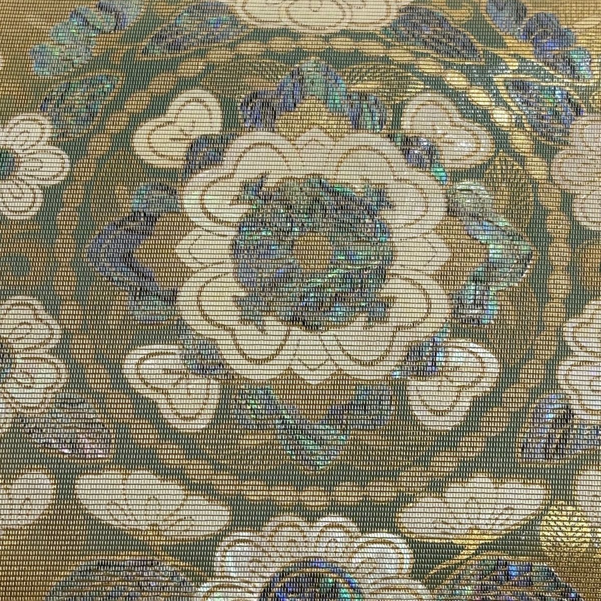 袋帶 名品級 華紋 向鳥 金金箔 金色 大鼓圖案 純蠶絲