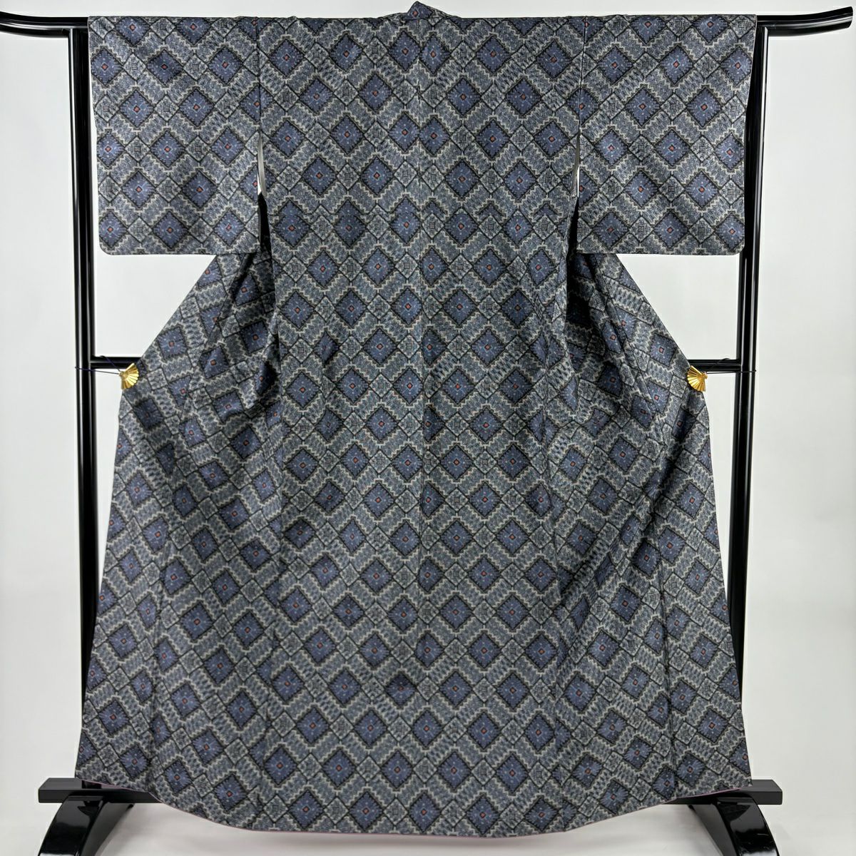 【美品】 紬織 身長163cm 袖長63.5cm S 雙層 菱 幾何圖案 青灰色 純蠶絲 名品級