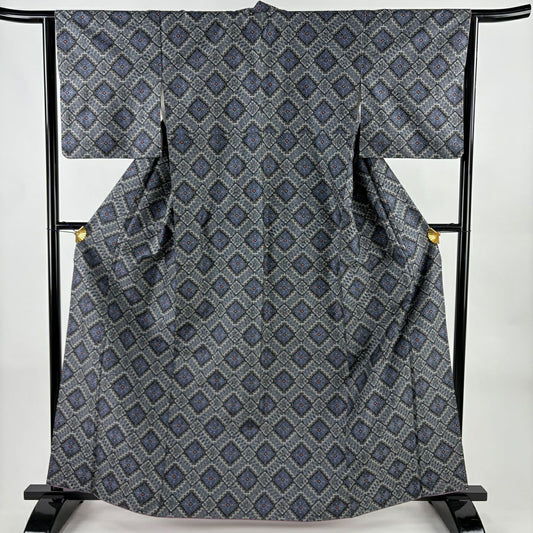 【美品】 紬織 身長163cm 袖長63.5cm S 雙層 菱 幾何圖案 青灰色 純蠶絲 名品級