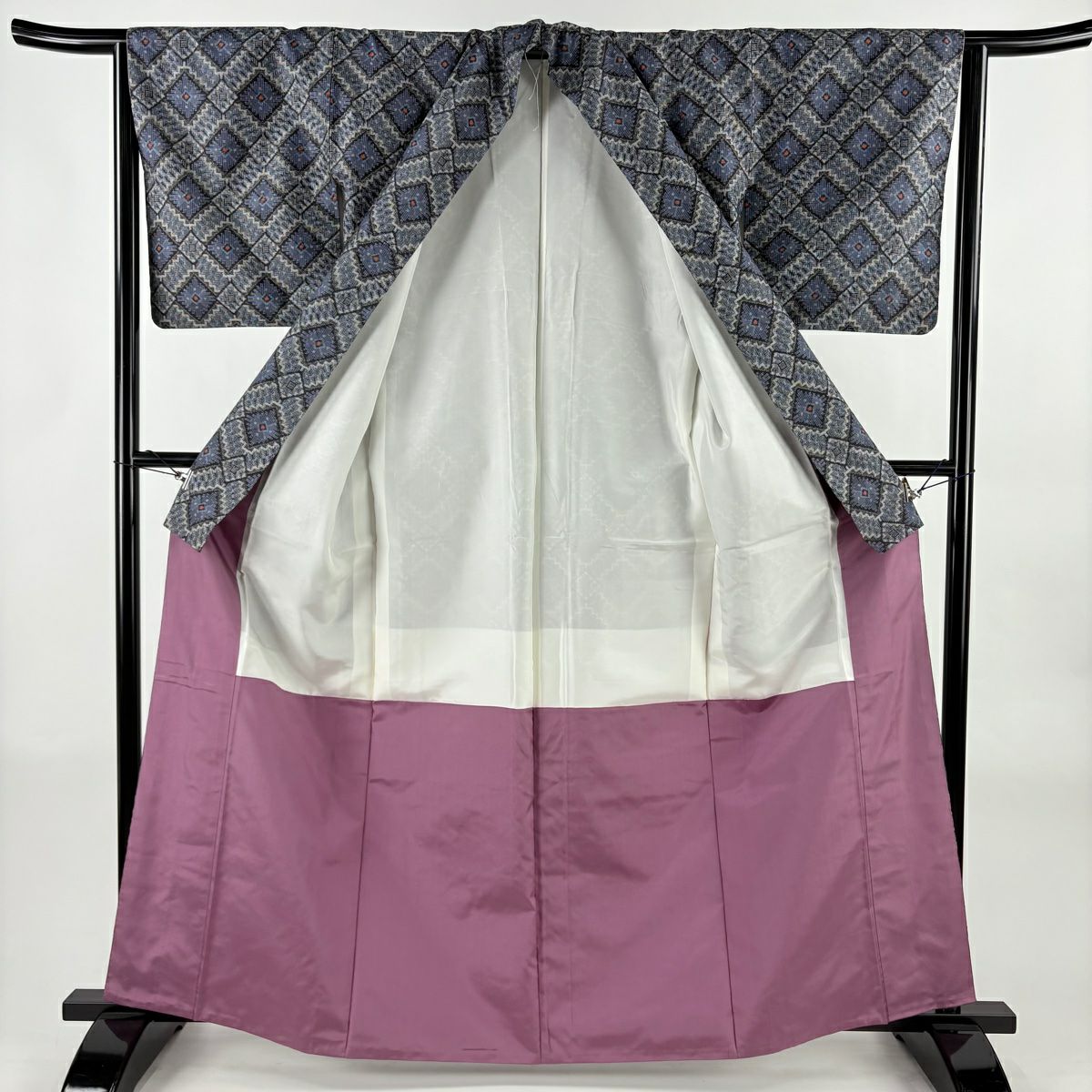 【美品】 紬織 身長163cm 袖長63.5cm S 雙層 菱 幾何圖案 青灰色 純蠶絲 名品級