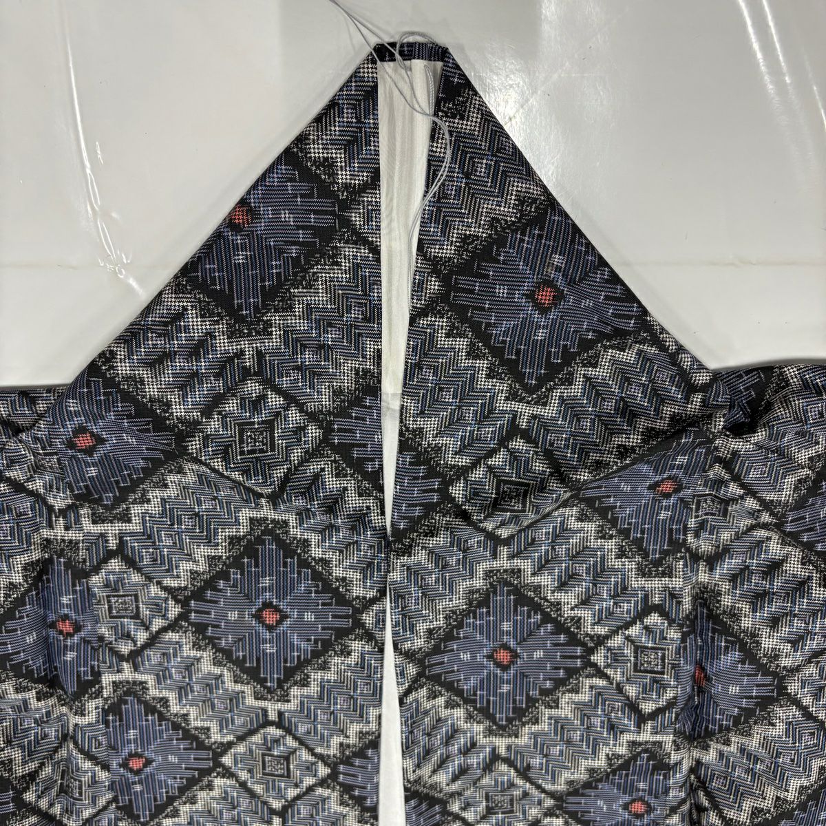 【美品】 紬織 身長163cm 袖長63.5cm S 雙層 菱 幾何圖案 青灰色 純蠶絲 名品級