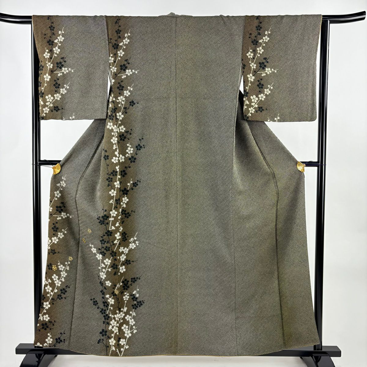 【美品】 付下 身長158.5cm 袖長66cm M 雙層 枝梅花 刺繡 墨 黑 純蠶絲 名品級