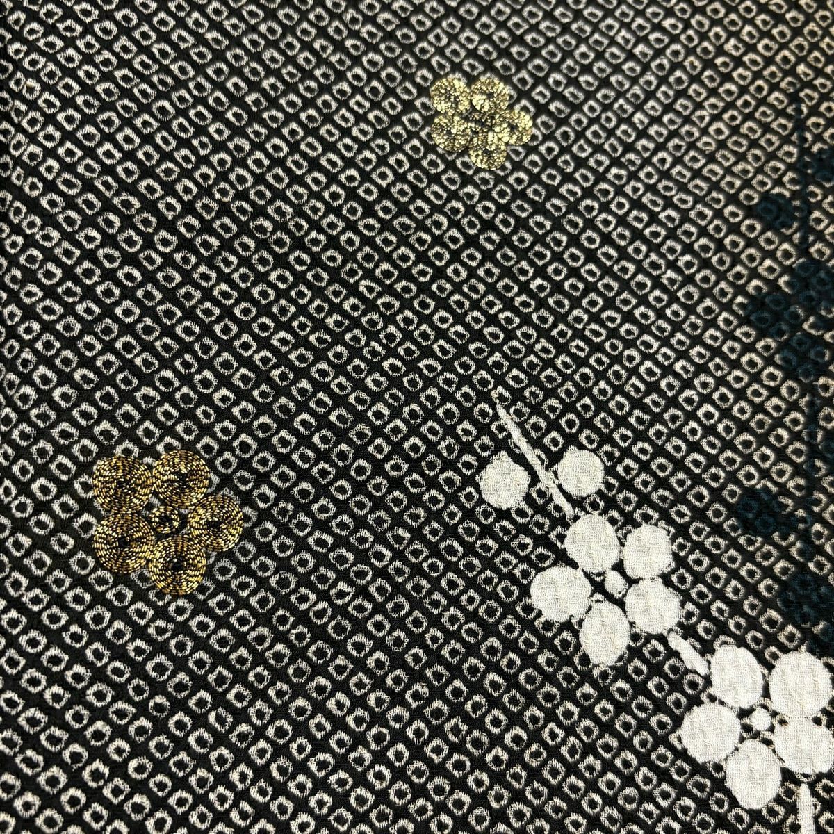 【美品】 付下 身長158.5cm 袖長66cm M 雙層 枝梅花 刺繡 墨 黑 純蠶絲 名品級