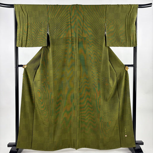 【美品】 小紋 身長162cm 袖長67.5cm L 雙層 落款あり 市松樹 竹子縞 鶯 綠 純蠶絲 名品級