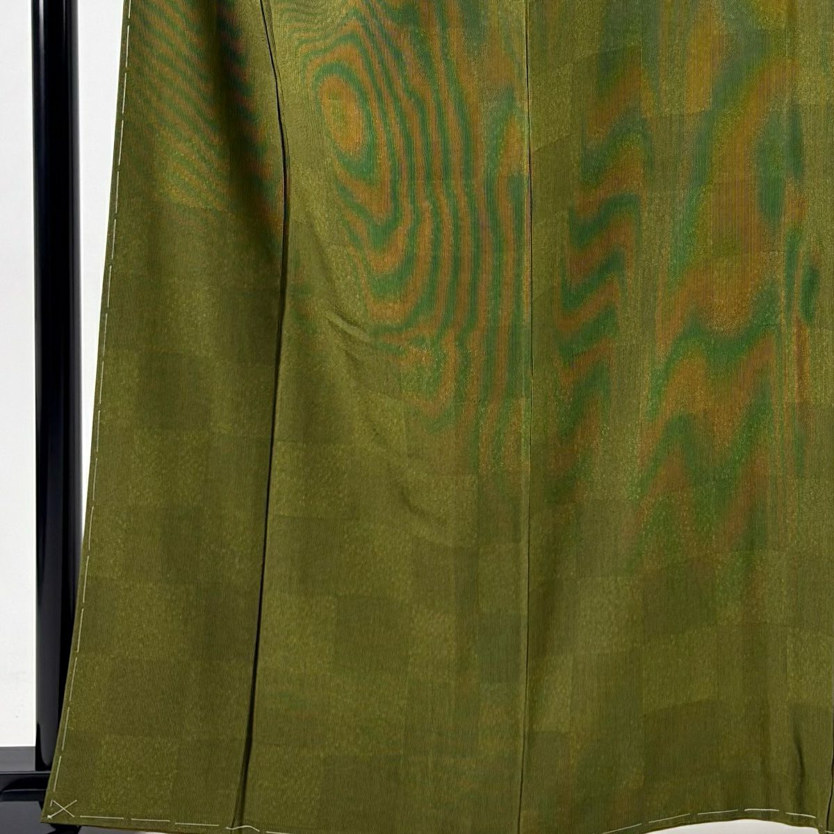 【美品】 小紋 身長162cm 袖長67.5cm L 雙層 落款あり 市松樹 竹子縞 鶯 綠 純蠶絲 名品級