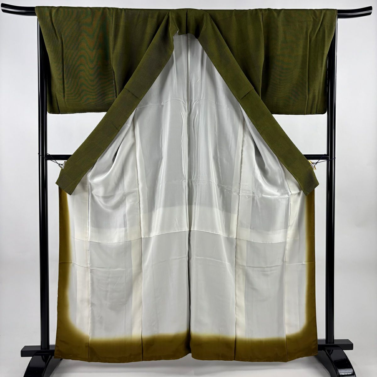 【美品】 小紋 身長162cm 袖長67.5cm L 雙層 落款あり 市松樹 竹子縞 鶯 綠 純蠶絲 名品級