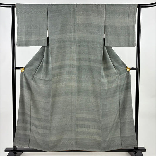 江戶小紋 身長157cm 袖長63cm S 雙層 落款あり 寄せ花 灰綠 純蠶絲 名品級