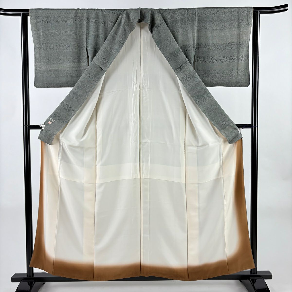 江戶小紋 身長157cm 袖長63cm S 雙層 落款あり 寄せ花 灰綠 純蠶絲 名品級
