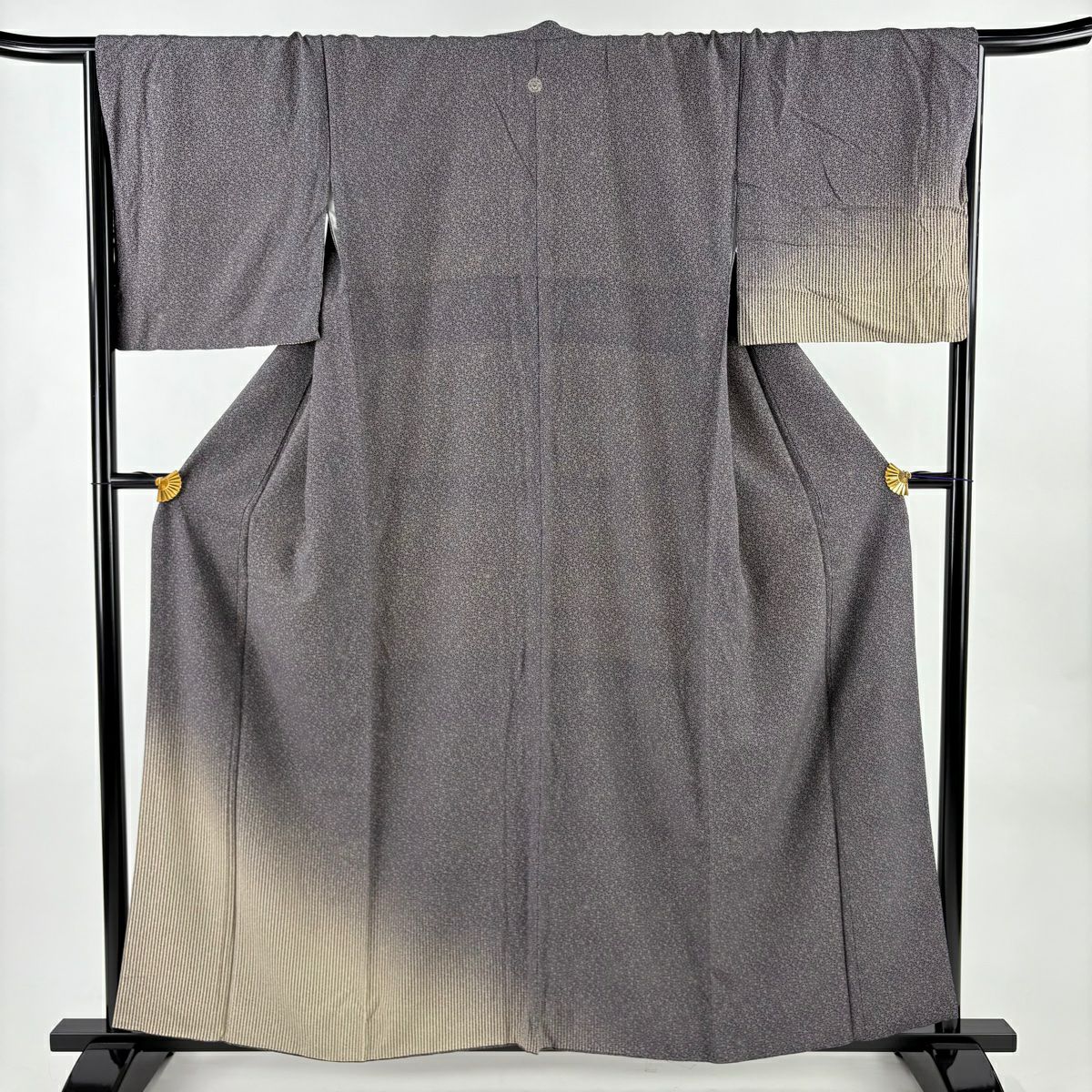 付下 身長158cm 袖長66.5cm M 雙層 花 縱條 黑灰 純蠶絲 名品級 一個紋