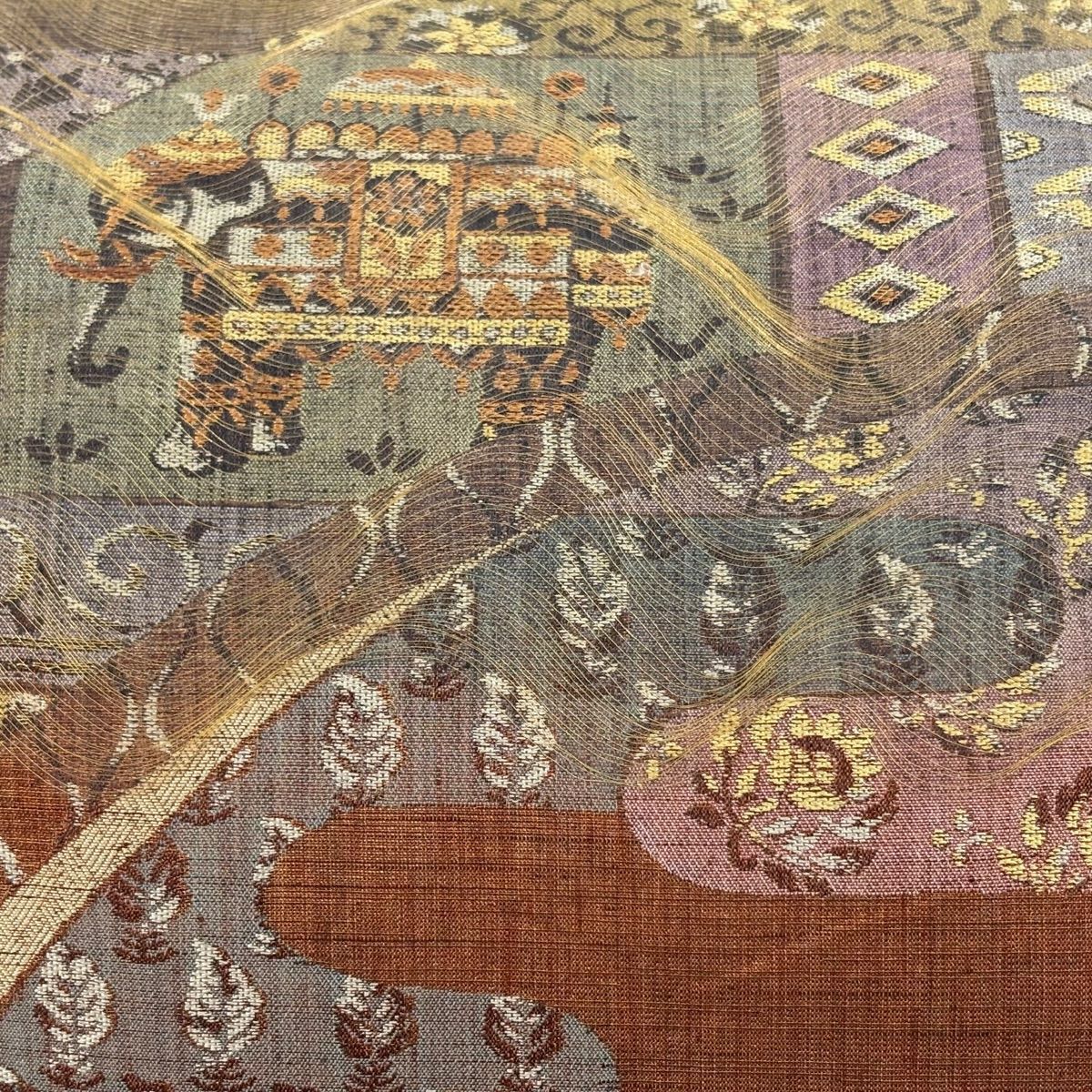 袋帶 逸品級 大象 草花紋紋 金絲 金通し 茶 純蠶絲