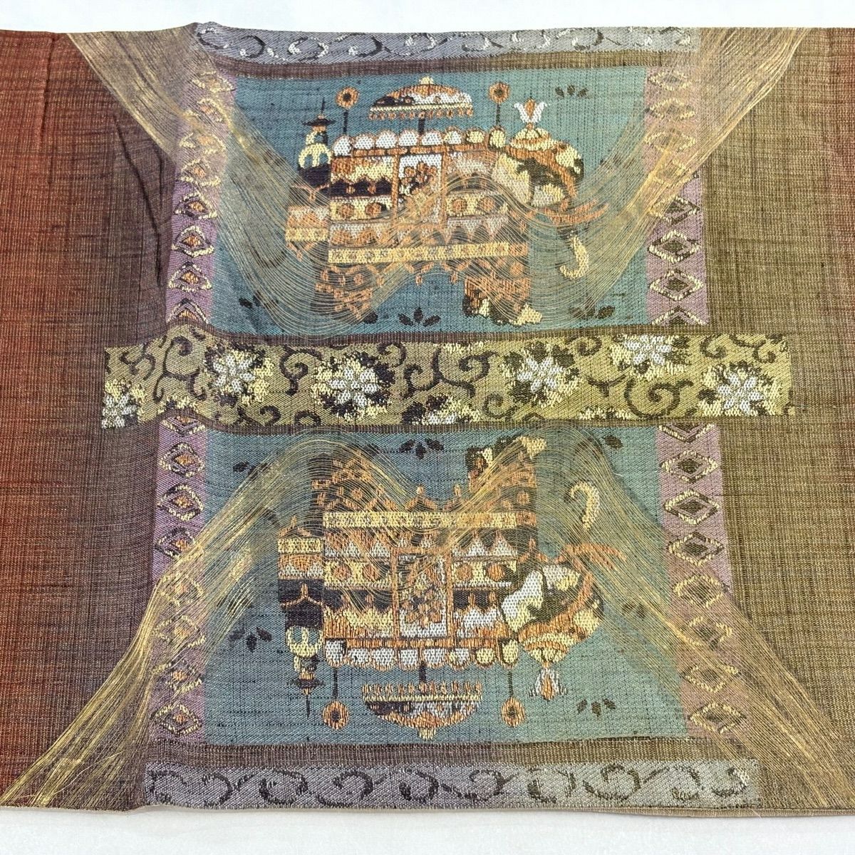 袋帶 逸品級 大象 草花紋紋 金絲 金通し 茶 純蠶絲