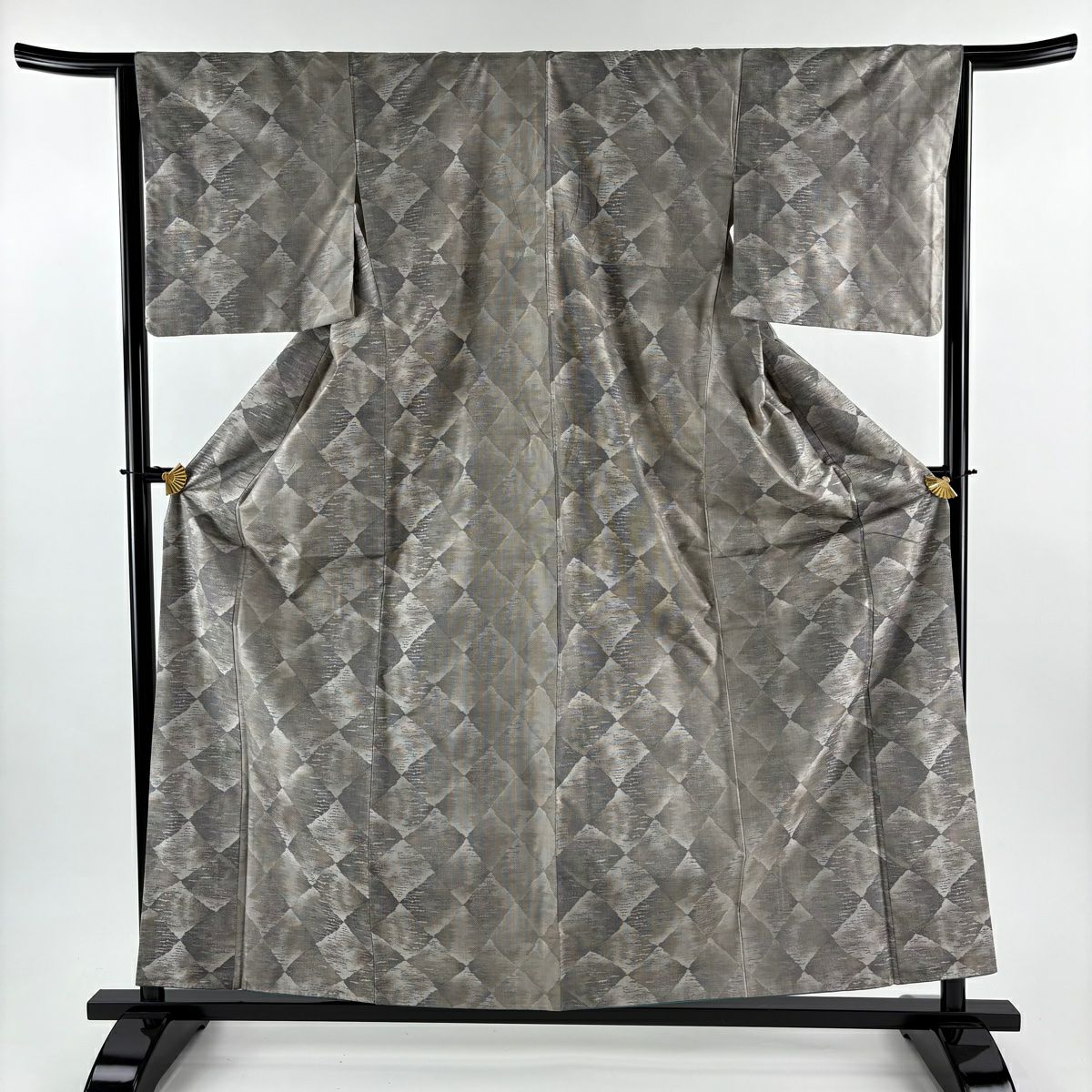 【美品】 大島紬織 身長159.5cm 袖長64cm M 雙層 都喜ヱ門 證書附帶 菱形 幾何學 灰茶 純蠶絲 逸品級