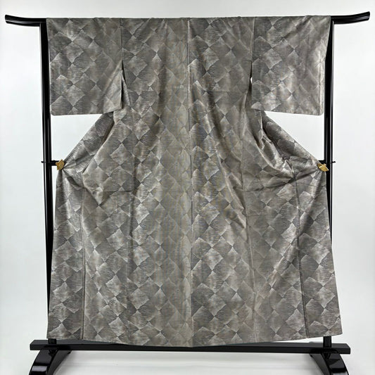 【美品】 大島紬織 身長159.5cm 袖長64cm M 雙層 都喜ヱ門 證書附帶 菱形 幾何學 灰茶 純蠶絲 逸品級