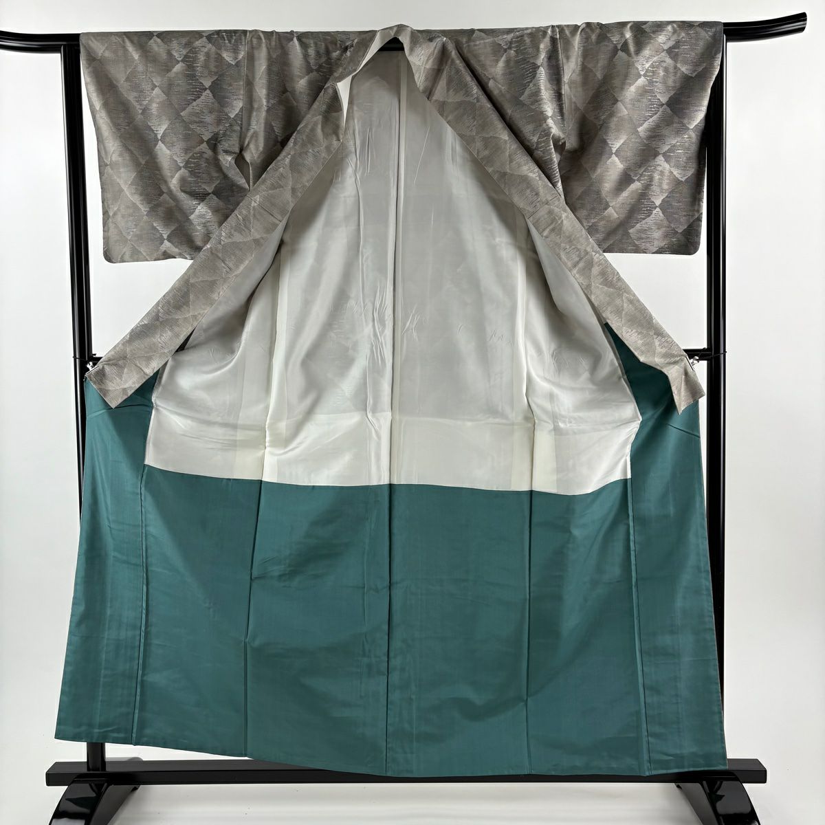 【美品】 大島紬織 身長159.5cm 袖長64cm M 雙層 都喜ヱ門 證書附帶 菱形 幾何學 灰茶 純蠶絲 逸品級