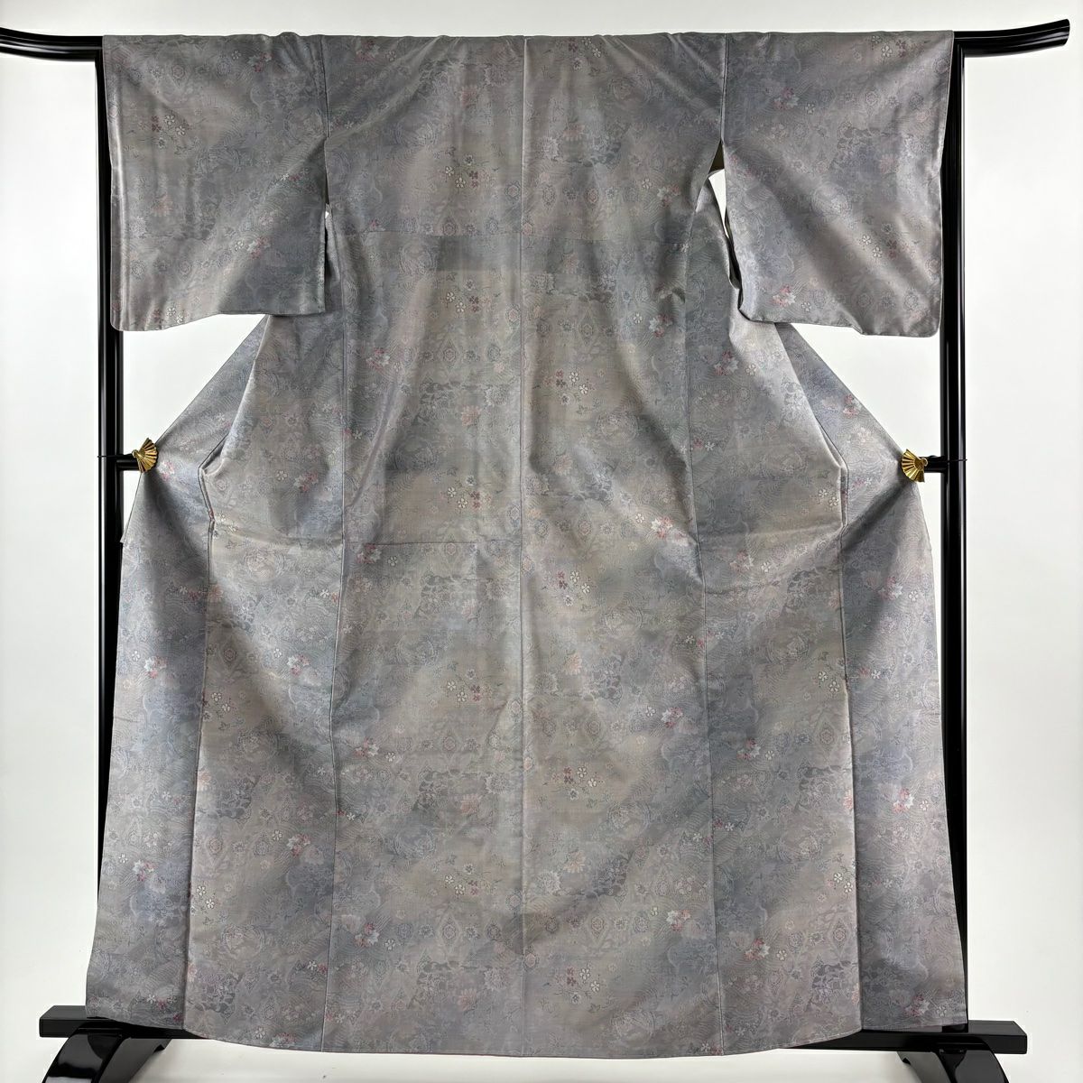 【美品】 大島織 身長164cm 袖長66cm M 雙層 都喜ヱ門 證書附帶 草花紋紋 波 灰紫 純蠶絲 逸品級