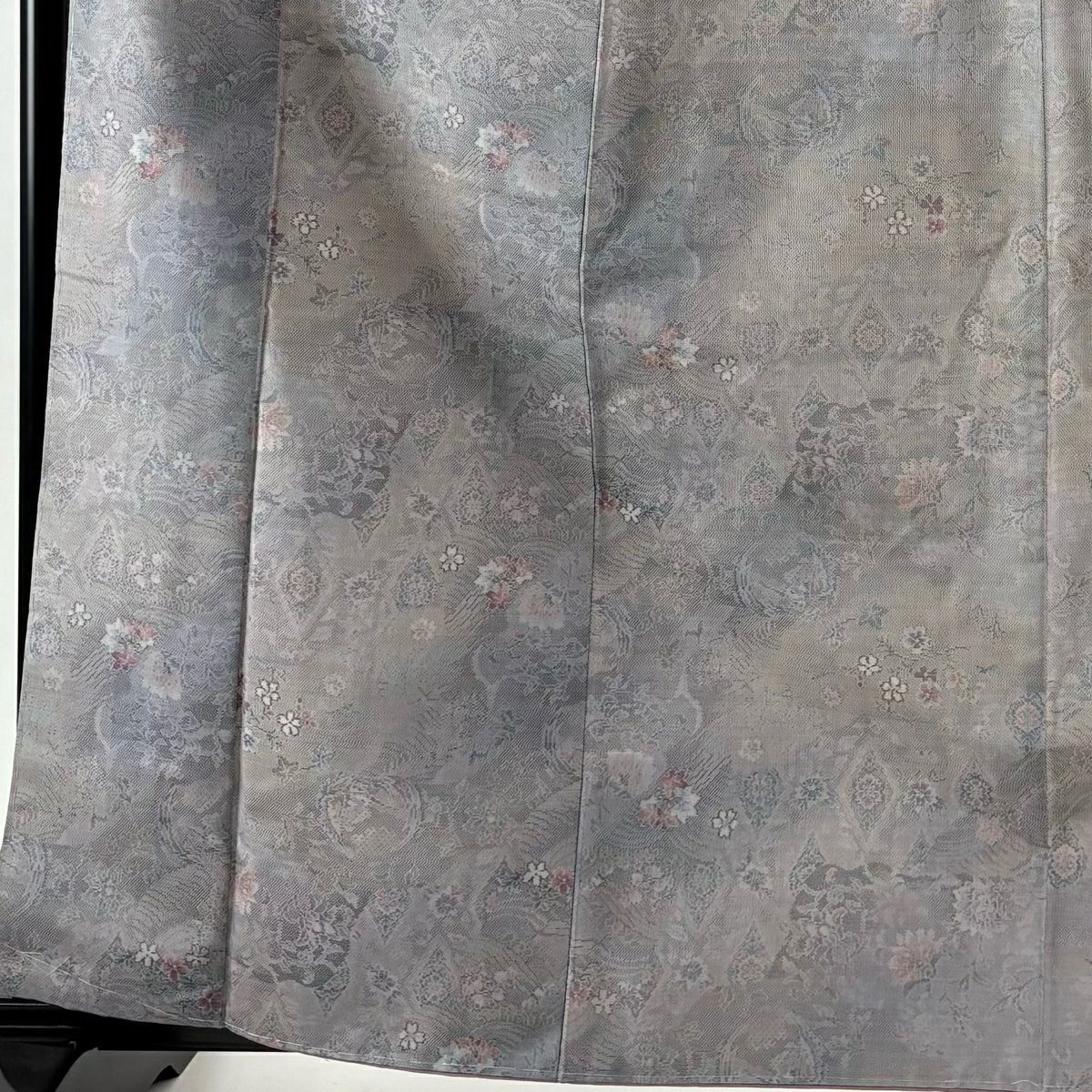 【美品】 大島織 身長164cm 袖長66cm M 雙層 都喜ヱ門 證書附帶 草花紋紋 波 灰紫 純蠶絲 逸品級