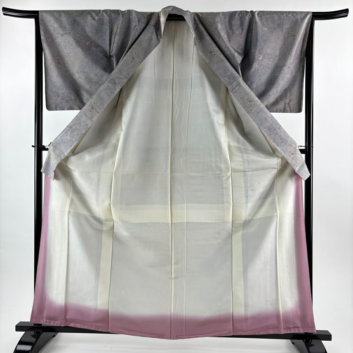 【美品】 大島織 身長164cm 袖長66cm M 雙層 都喜ヱ門 證書附帶 草花紋紋 波 灰紫 純蠶絲 逸品級