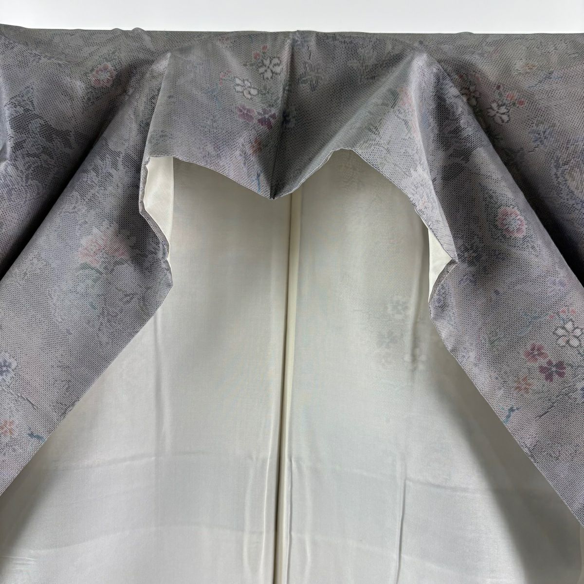 【美品】 大島織 身長164cm 袖長66cm M 雙層 都喜ヱ門 證書附帶 草花紋紋 波 灰紫 純蠶絲 逸品級