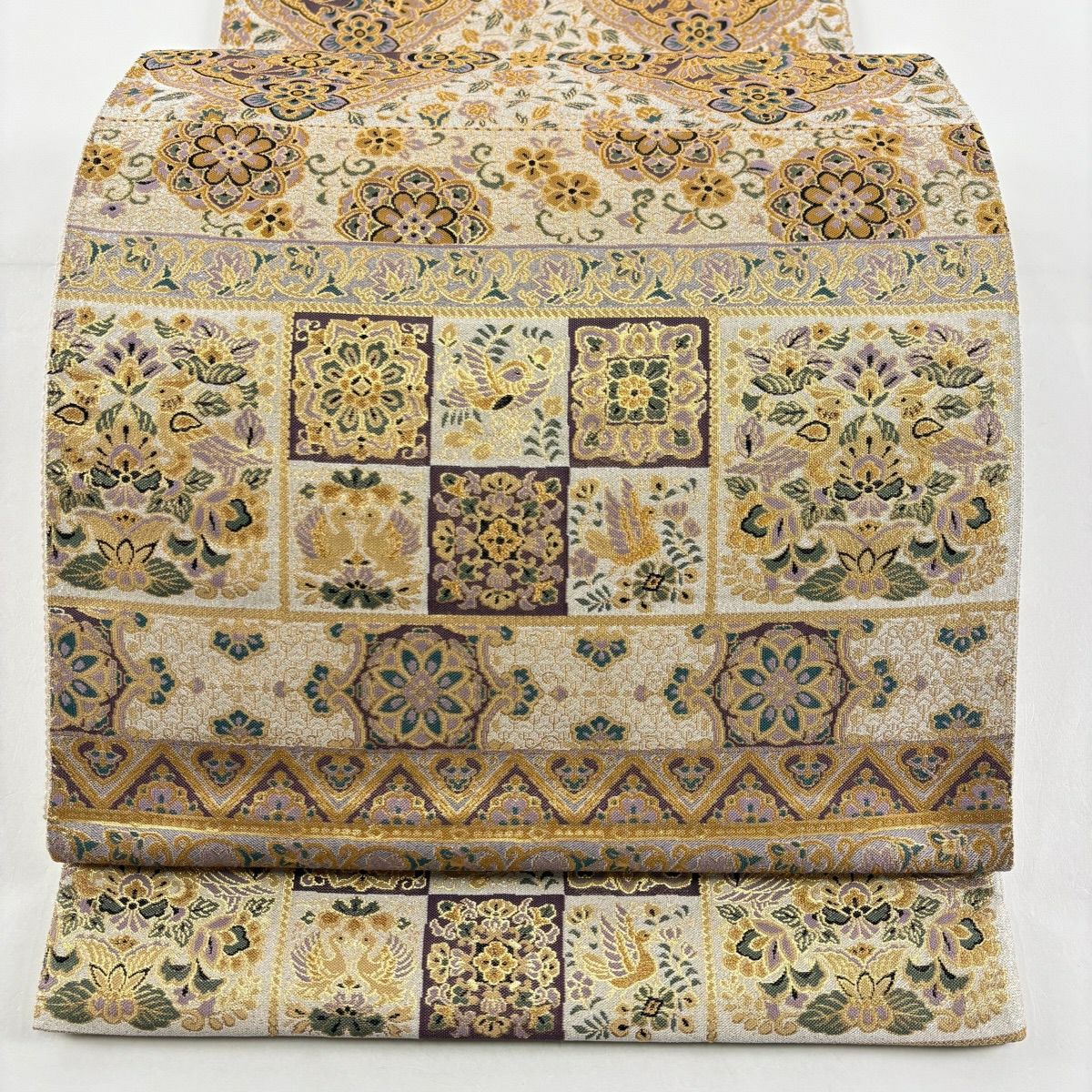 【美品】 袋帶 秀品級 向鳥 華紋 金金箔 金絲 金 六通 純蠶絲