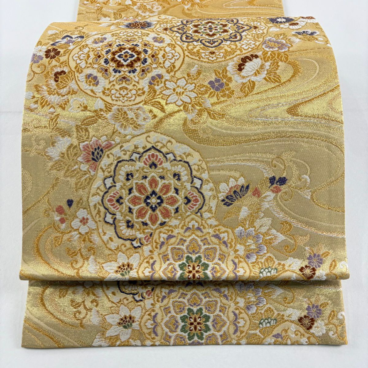 【美品】 袋帶 秀品級 瑞寶 華紋 草花紋 金絲 金金箔 金色 六通 純蠶絲