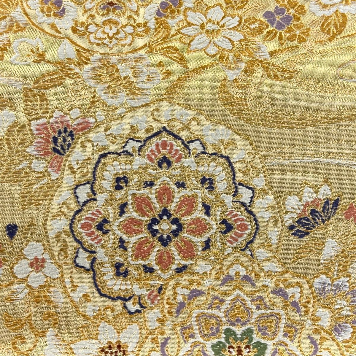 【美品】 袋帶 秀品級 瑞寶 華紋 草花紋 金絲 金金箔 金色 六通 純蠶絲