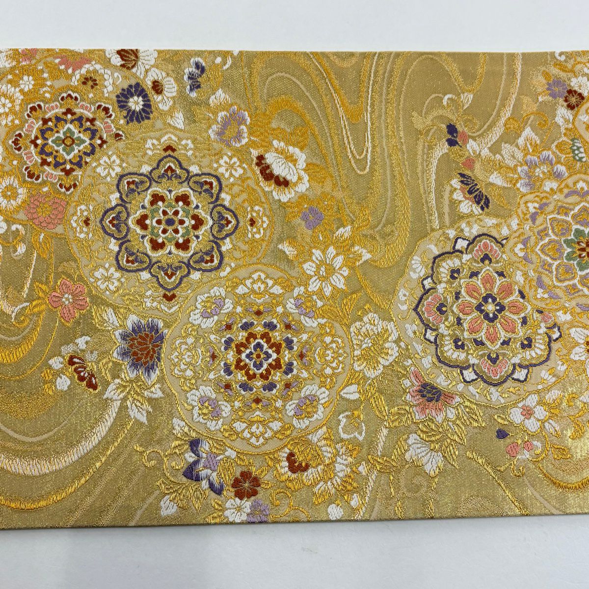 【美品】 袋帶 秀品級 瑞寶 華紋 草花紋 金絲 金金箔 金色 六通 純蠶絲