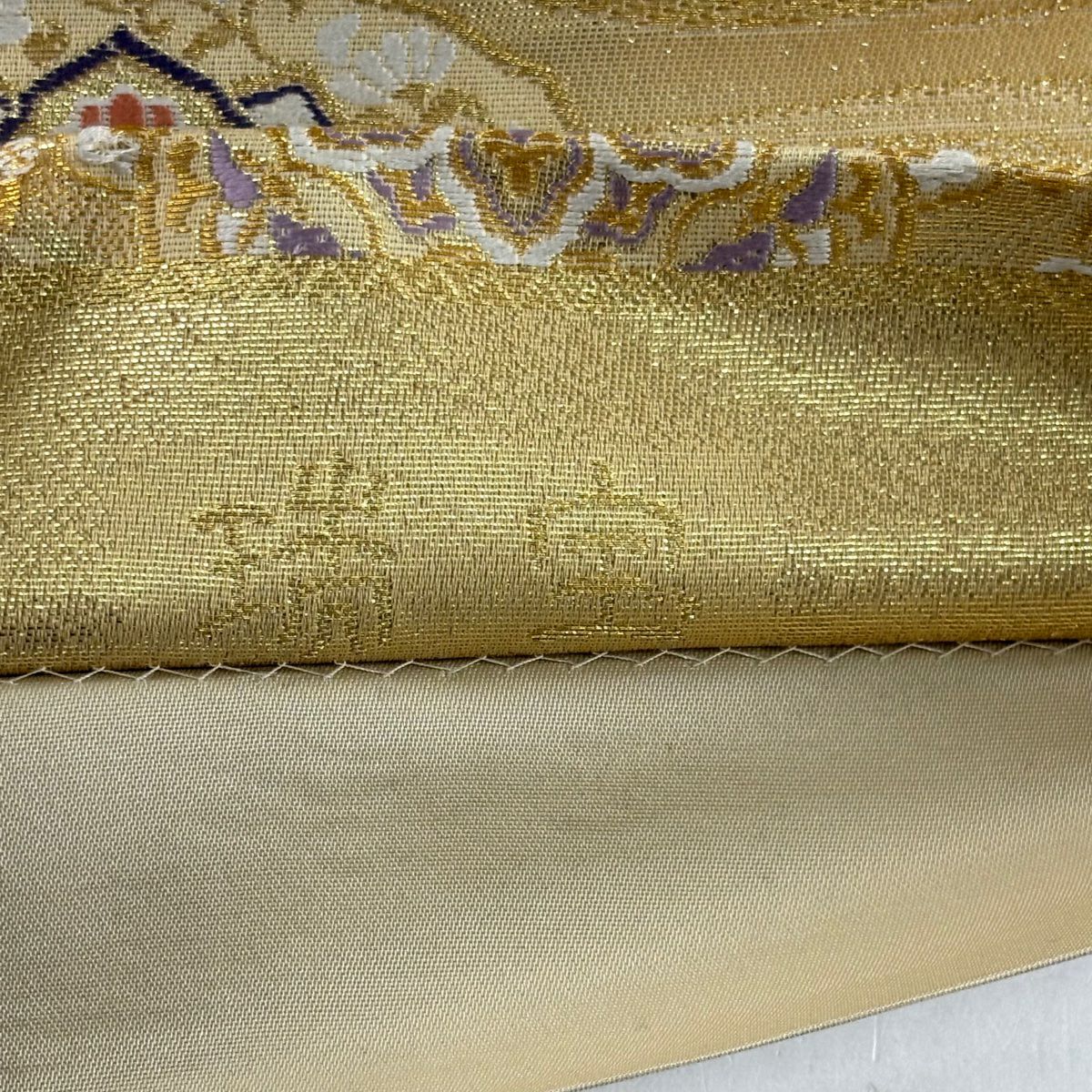 【美品】 袋帶 秀品級 瑞寶 華紋 草花紋 金絲 金金箔 金色 六通 純蠶絲