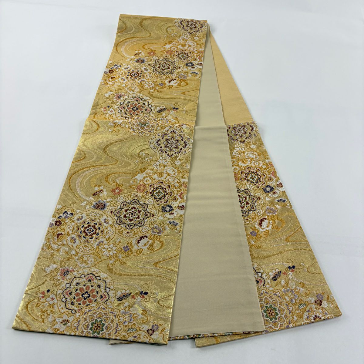 【美品】 袋帶 秀品級 瑞寶 華紋 草花紋 金絲 金金箔 金色 六通 純蠶絲