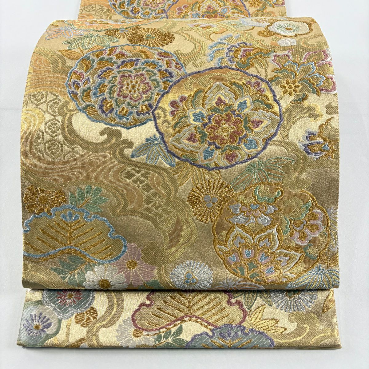 【美品】 袋帶 秀品級 華紋 松樹竹子梅花 金銀絲 金金箔 金色 六通 純蠶絲