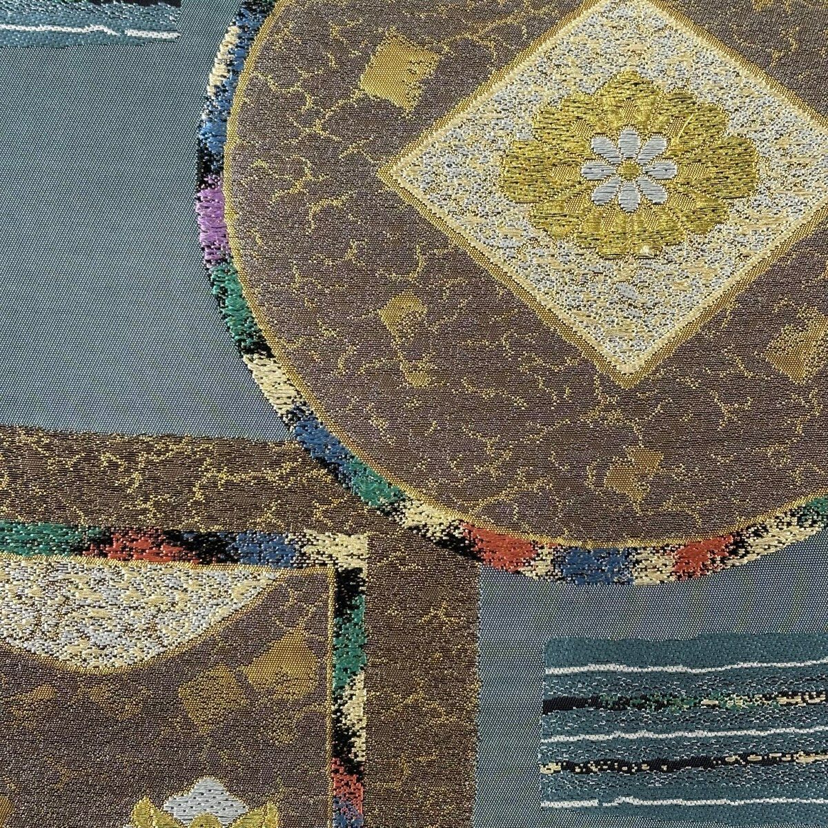 袋帶 秀品級 圓文 菱形 金絲 金金箔 青灰 純蠶絲