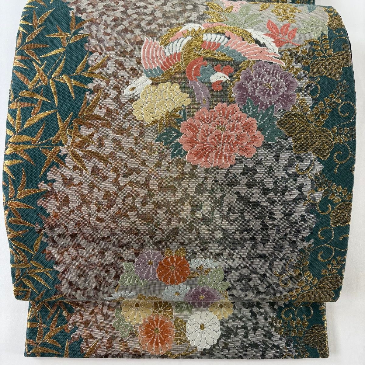 【美品】 袋帶 秀品級 鳳凰 花丸紋 唐織 金金箔 深綠 六通 純蠶絲