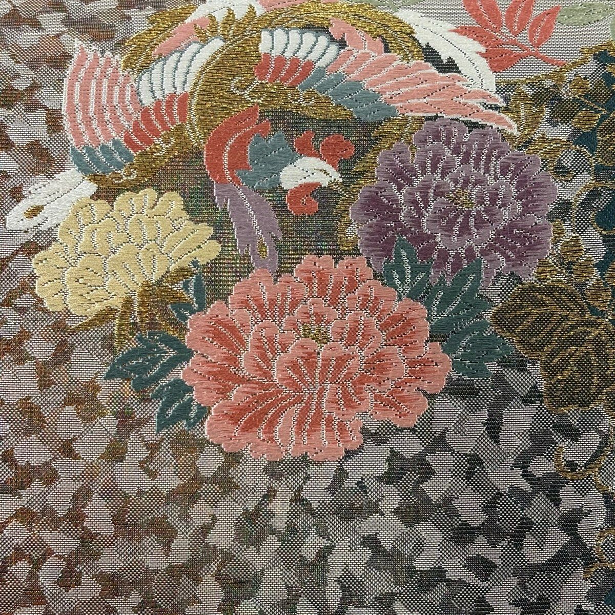 【美品】 袋帶 秀品級 鳳凰 花丸紋 唐織 金金箔 深綠 六通 純蠶絲