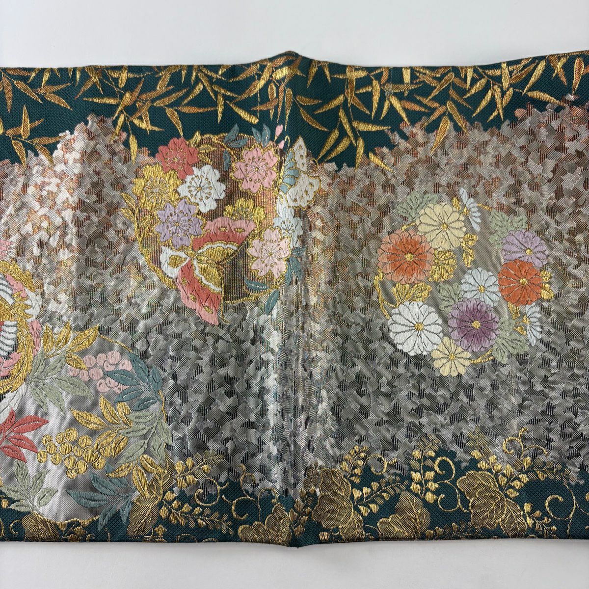 【美品】 袋帶 秀品級 鳳凰 花丸紋 唐織 金金箔 深綠 六通 純蠶絲