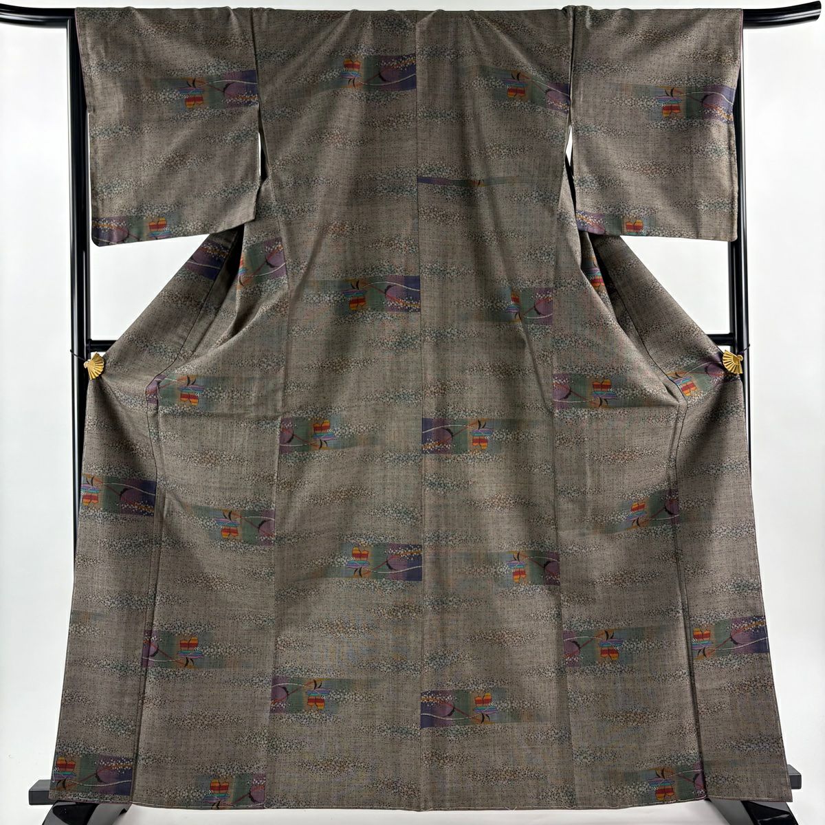 【美品】 紬織 身長165cm 袖長67cm M 雙層 草花紋紋 霞 焦茶 純蠶絲 秀品級