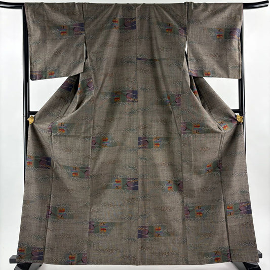 【美品】 紬織 身長165cm 袖長67cm M 雙層 草花紋紋 霞 焦茶 純蠶絲 秀品級
