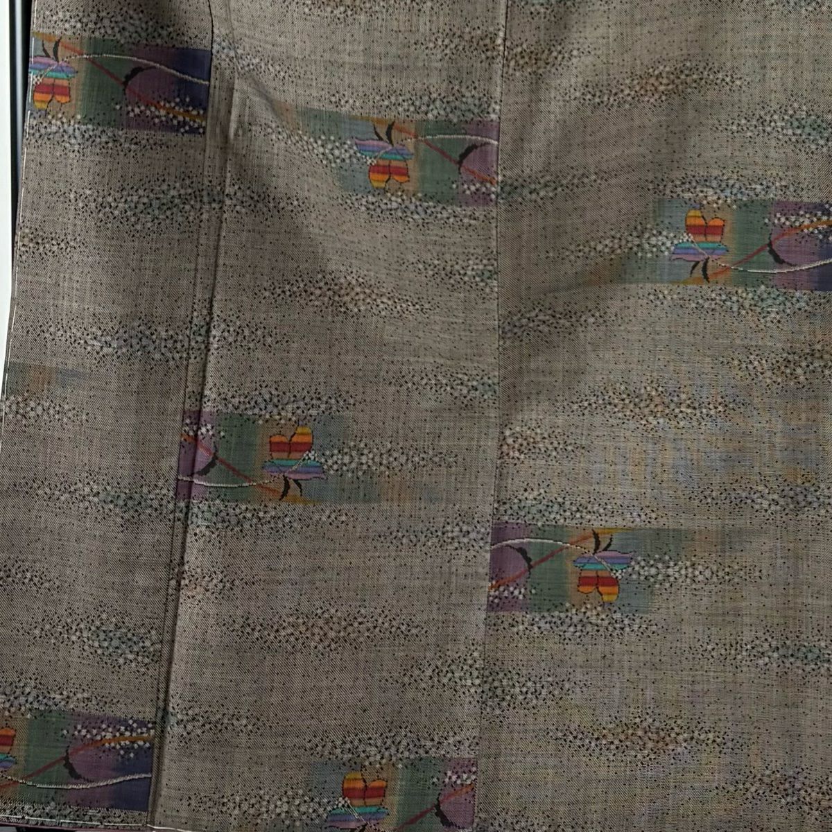 【美品】 紬織 身長165cm 袖長67cm M 雙層 草花紋紋 霞 焦茶 純蠶絲 秀品級