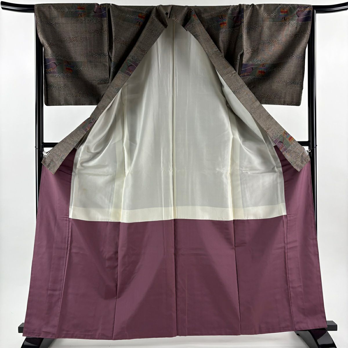 【美品】 紬織 身長165cm 袖長67cm M 雙層 草花紋紋 霞 焦茶 純蠶絲 秀品級