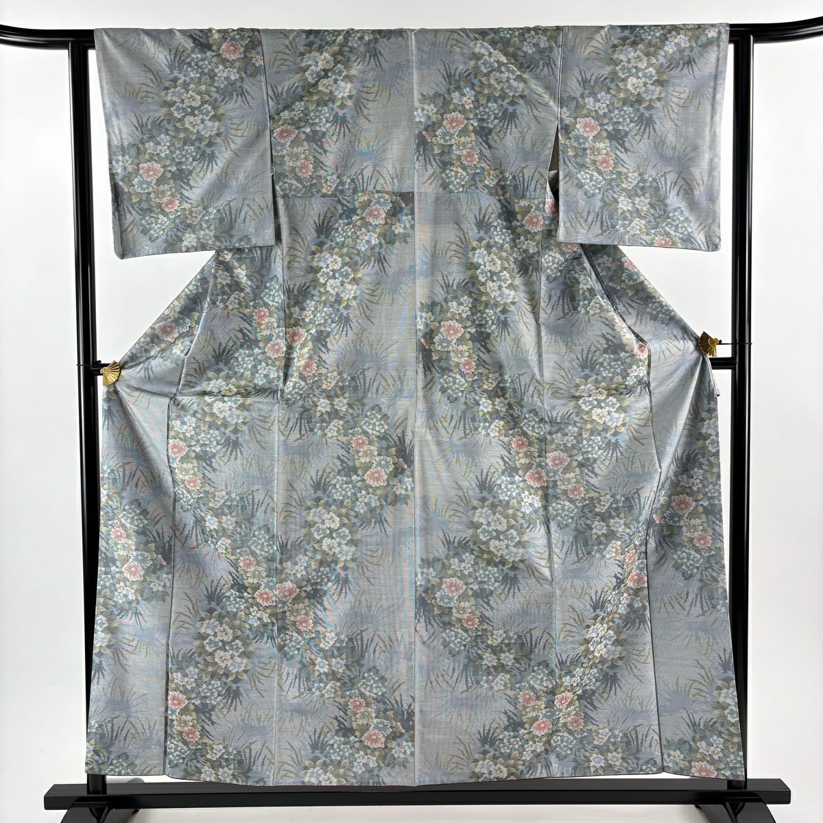 【美品】 紬織 身長158cm 袖長62cm S 雙層 草花紋 綠灰 純蠶絲 秀品級