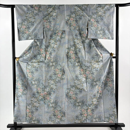 【美品】 紬織 身長158cm 袖長62cm S 雙層 草花紋 綠灰 純蠶絲 秀品級