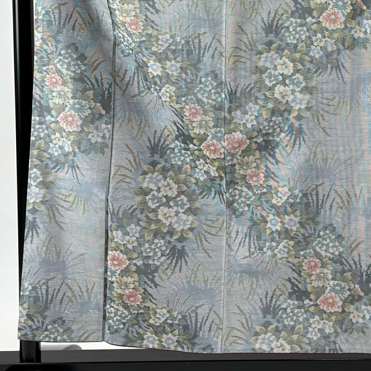 【美品】 紬織 身長158cm 袖長62cm S 雙層 草花紋 綠灰 純蠶絲 秀品級