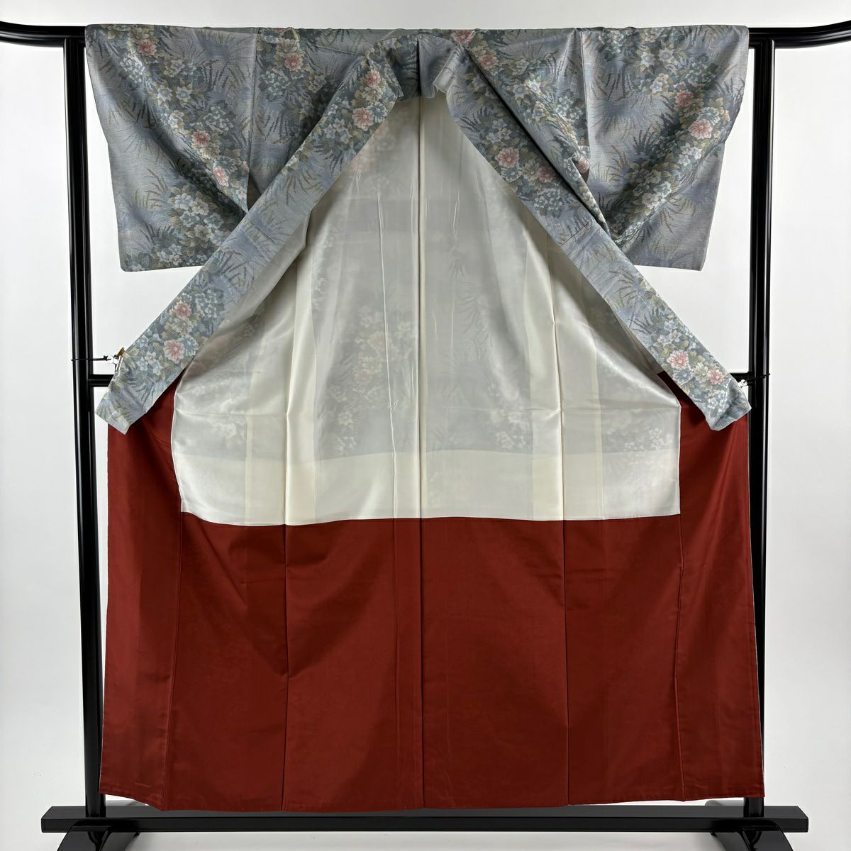 【美品】 紬織 身長158cm 袖長62cm S 雙層 草花紋 綠灰 純蠶絲 秀品級