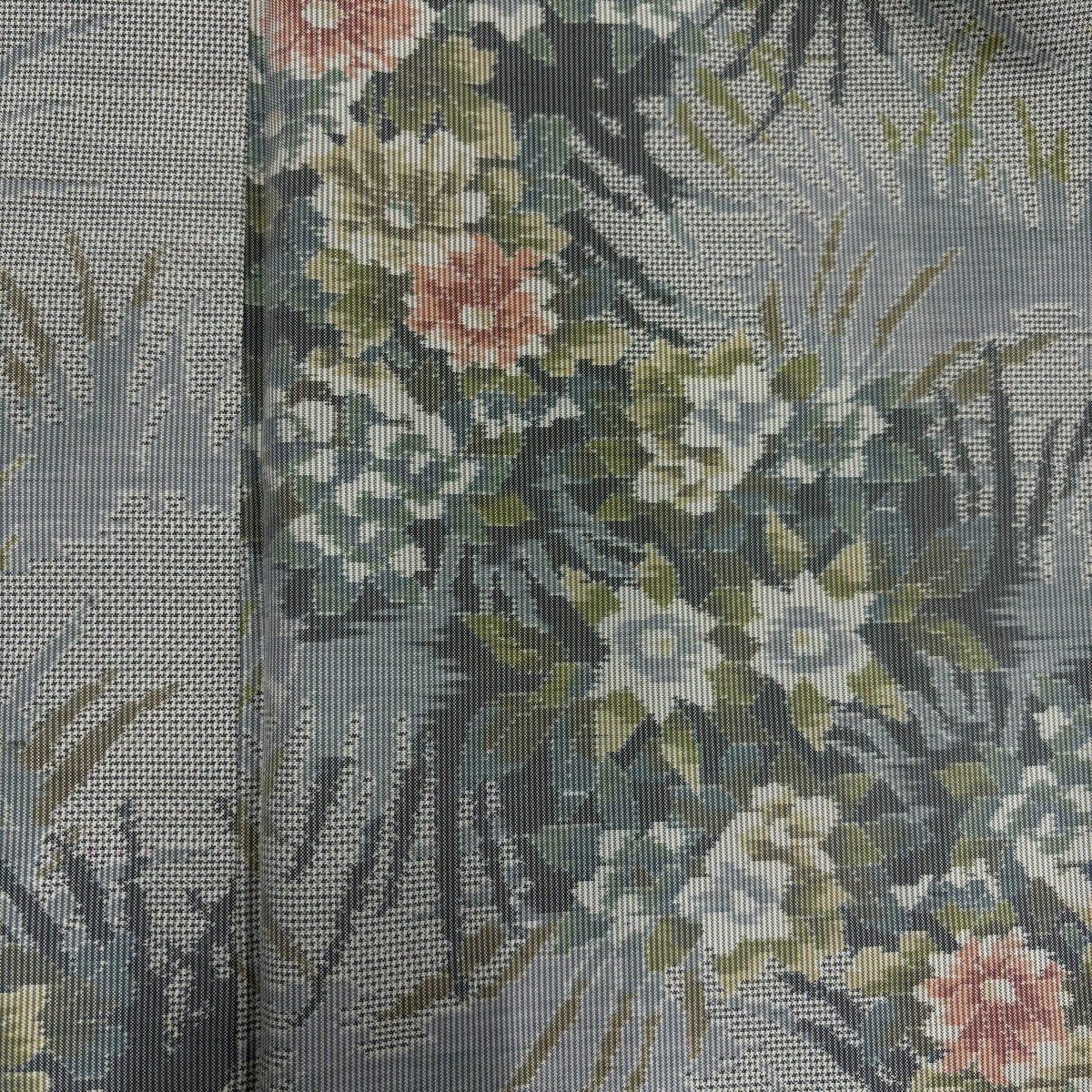【美品】 紬織 身長158cm 袖長62cm S 雙層 草花紋 綠灰 純蠶絲 秀品級
