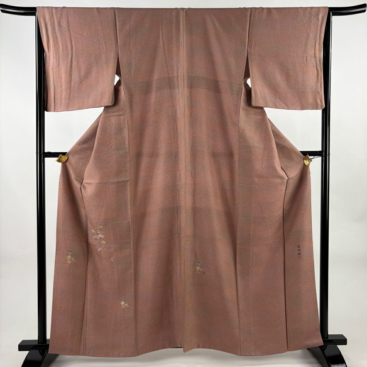 付下 身長161cm 袖長65.5cm M 雙層 落款有 菊花花 扇子子 刺繡 金彩裝飾 小豆色 純蠶絲 優品級