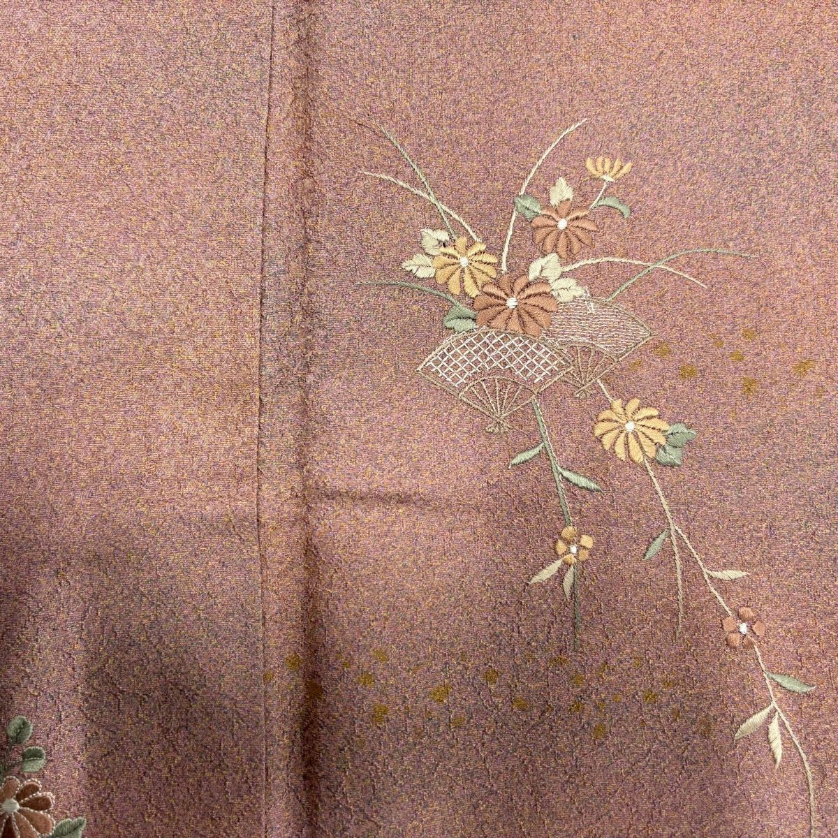 付下 身長161cm 袖長65.5cm M 雙層 落款有 菊花花 扇子子 刺繡 金彩裝飾 小豆色 純蠶絲 優品級