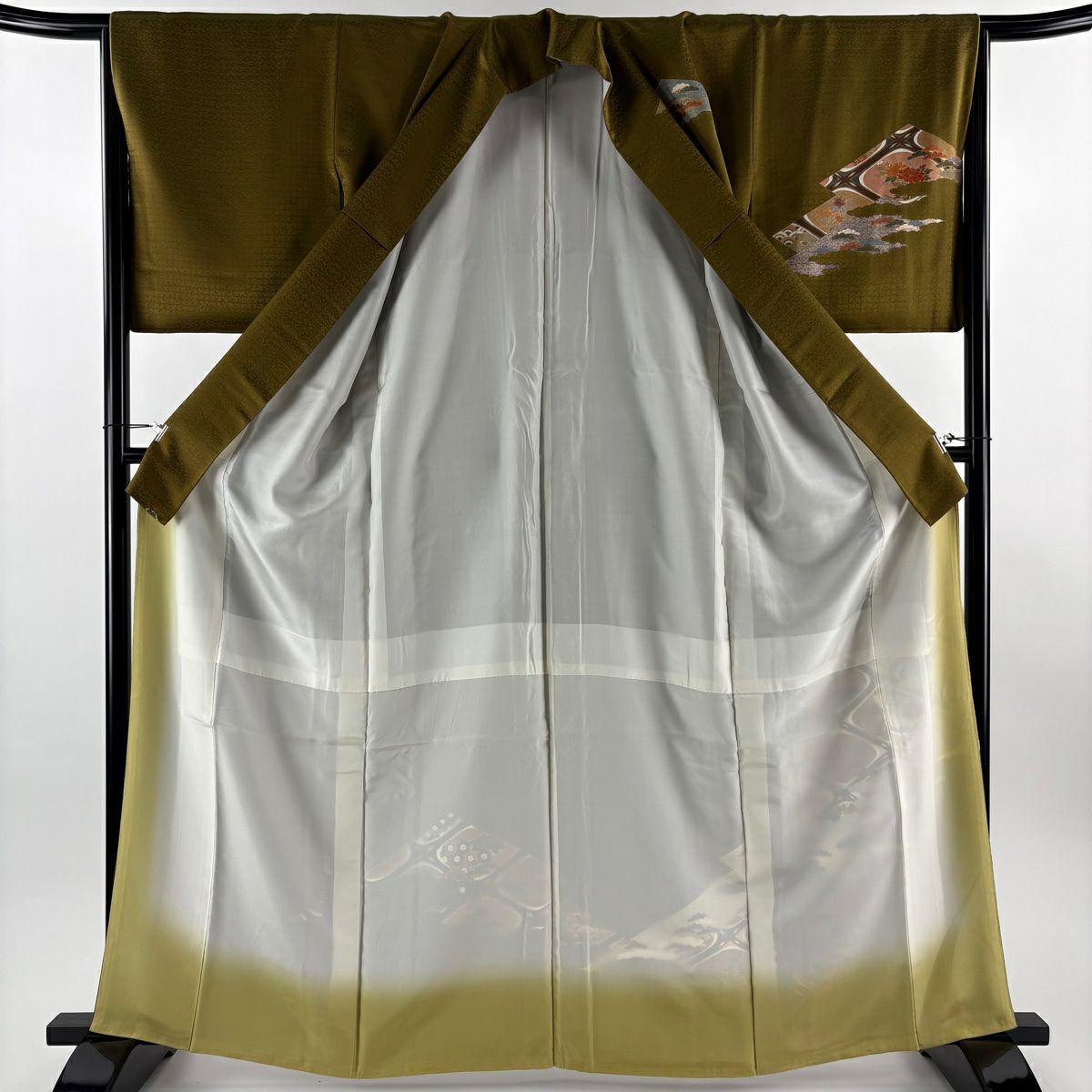 訪問服 身長163cm 袖長66cm M 雙層 菱 花鳥 金銀彩 茶綠 純蠶絲 秀品級